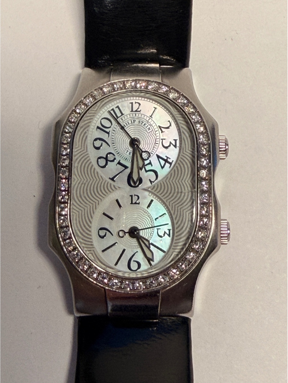 Philip Stein Diamond Teslar Dual Dial Watch with Leather Strap 28x40mm